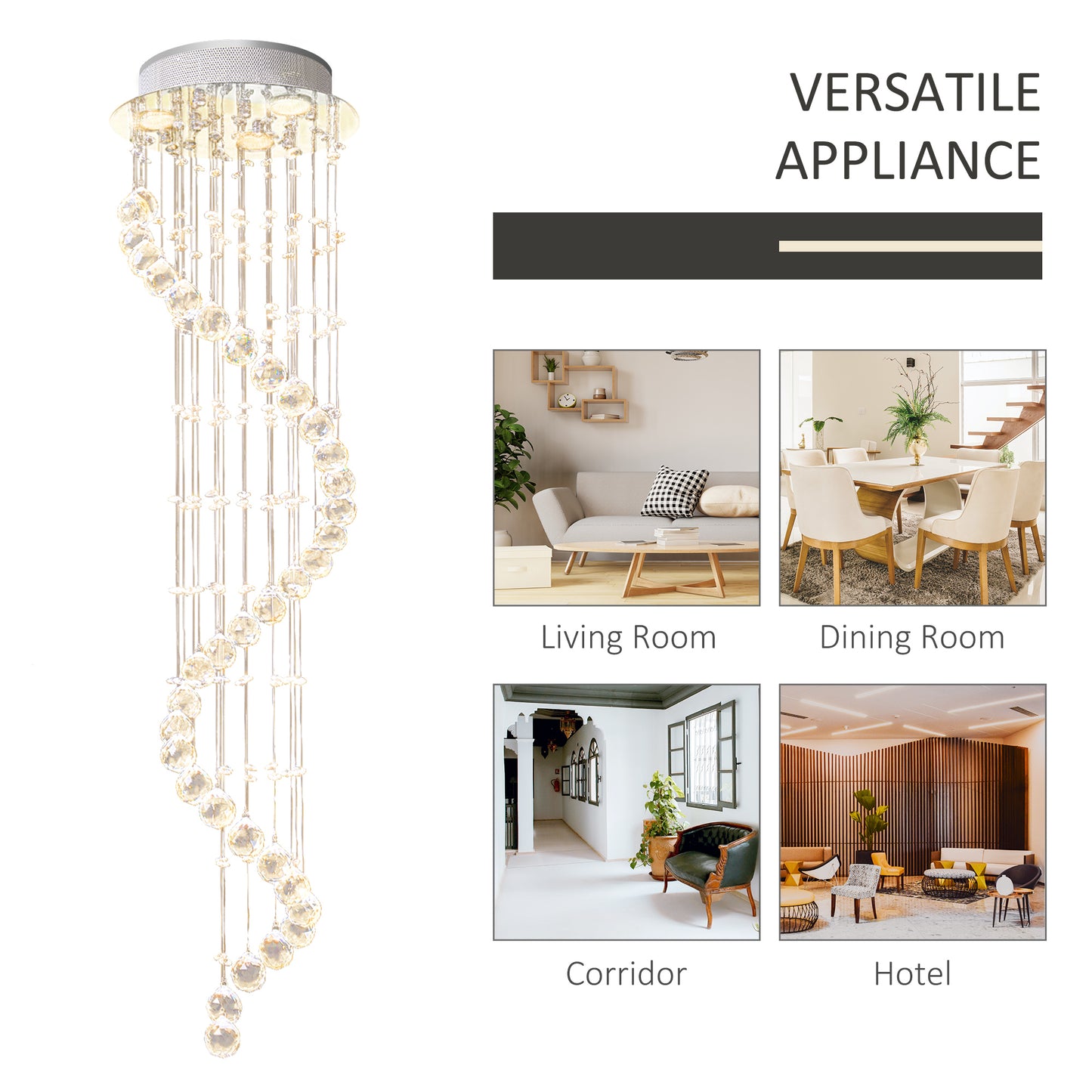 HOMCOM Modern Crystal Chandelier Ceiling Light Pendant Lamp Chrome Finish Glass Droplets New, for Living Room, Bedroom, Hallway, Ф30 x 120cm