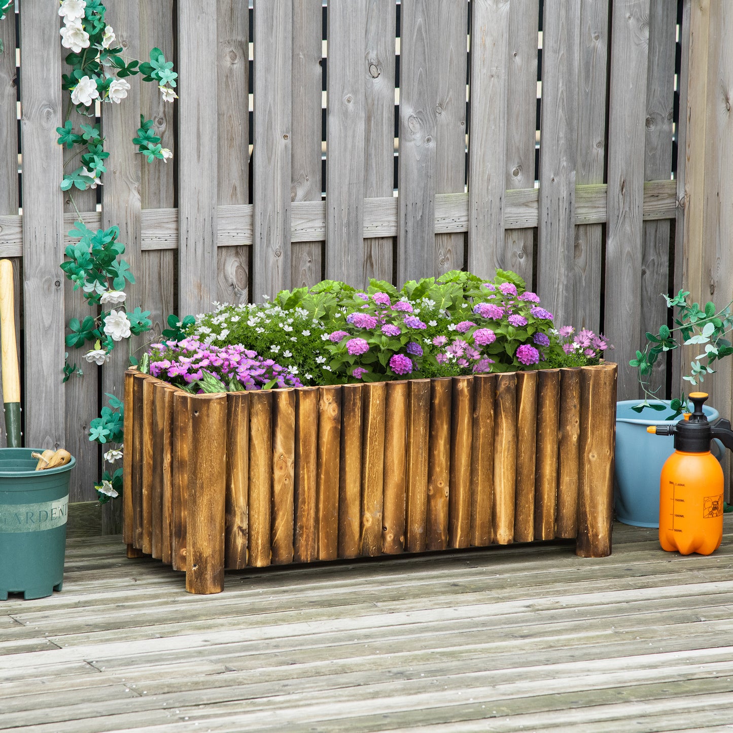 Outsunny Wooden Raised Garden Bed, 100 x 38.5 x 40cm Elevated Planter Box, Outdoor Flower Bed with Drainage Gaps, Easy Assembly, Natural