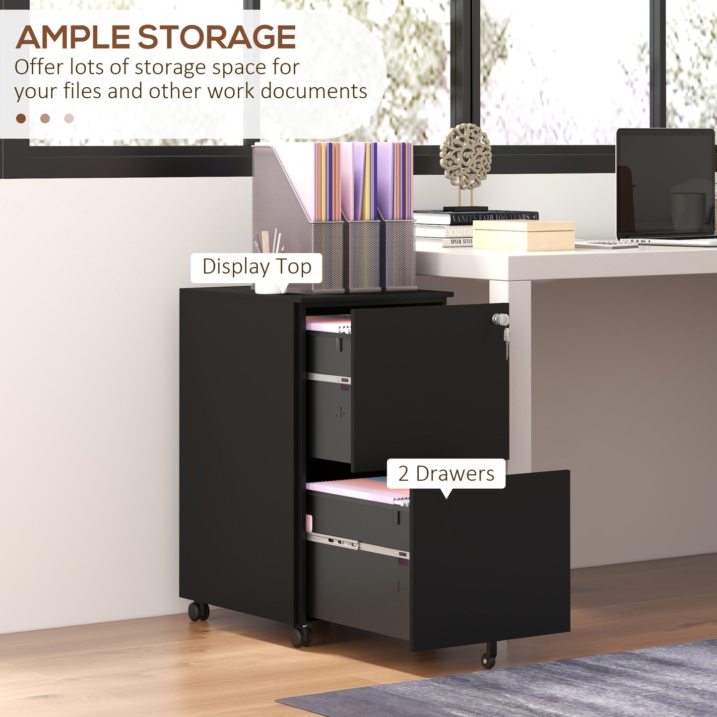 Vinsetto 2-Drawer Filing Cabinet with Lock and 5 Wheels, Steel Mobile File Cabinet, for A4, Legal and Letter Size, Pre-Assembled Body, Black