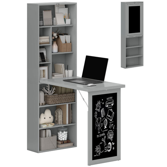 HOMCOM Folding Convertible Desk with Blackboard Multi-function Computer Office Workstation Side Shelf, Grey