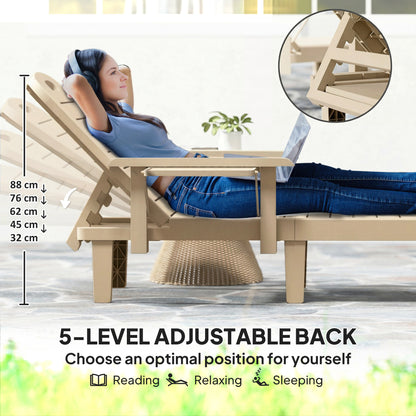 Outsunny Set of 2 Reclining Sun Loungers, 5 Positions Adjustable Outdoor Chaise Lounge Chair with Armrests, Khaki-Sunloungers-ChewyGames-ChewyGames