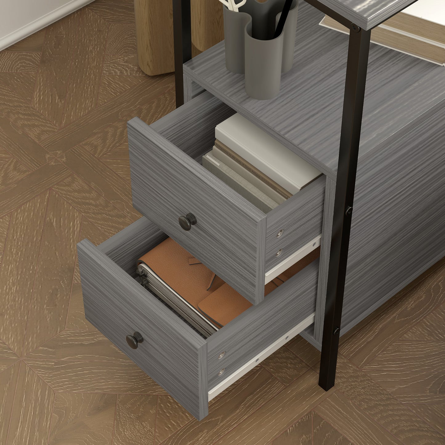 HOMCOM Side Table, Narrow Bedside Table with 2 Drawers and Storage Shelf, Industrial End Table with Metal Frame for Small Spaces, Grey Wood Grain