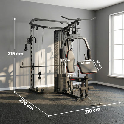 SPORTNOW Home Multi Gym Smith Machine with 65kg Weight Stack, Cable Pulley System, Chest Station, Preacher Pad & Leg Developer