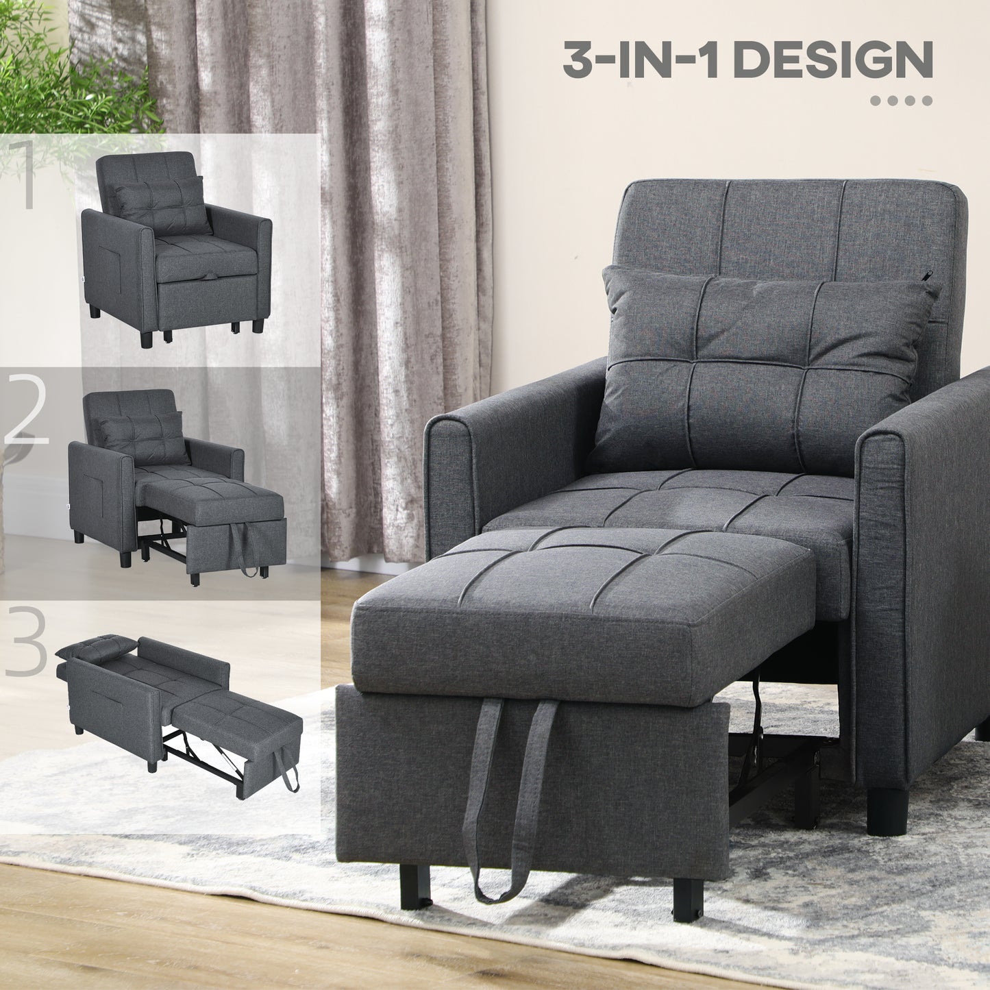 HOMCOM 3-In-1 Linen-Look Single Chair Bed with Adjustable Back & Eucalyptus Wood Sofa Frame - Grey