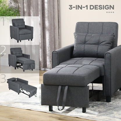 HOMCOM 3-In-1 Linen-Look Single Chair Bed with Adjustable Back & Eucalyptus Wood Sofa Frame - Grey