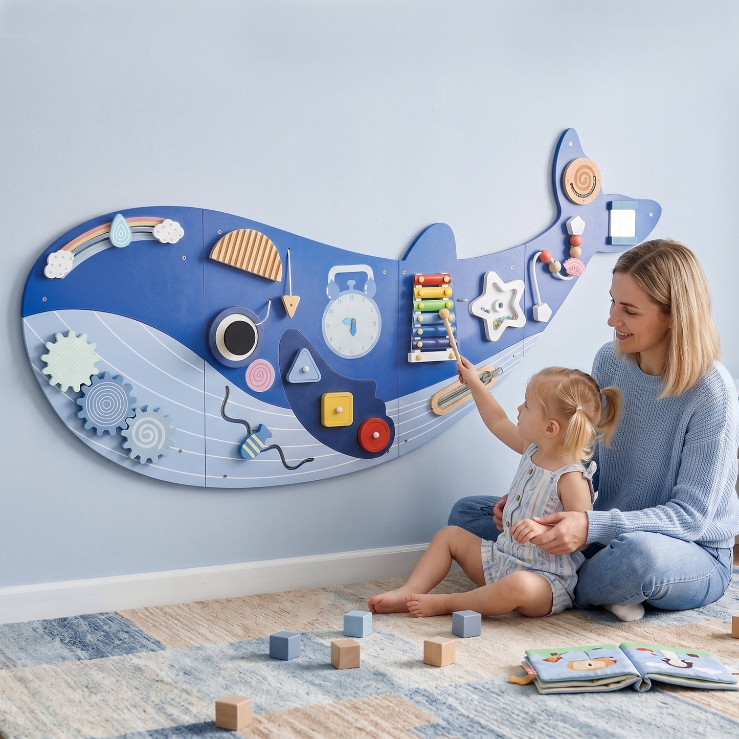AIYAPLAY Whale Activity Wall Busy Board, 13 in 1 Montessori Inspired Sensory Wall Panel for Playroom Nursery Boys Girls 2+, Blue