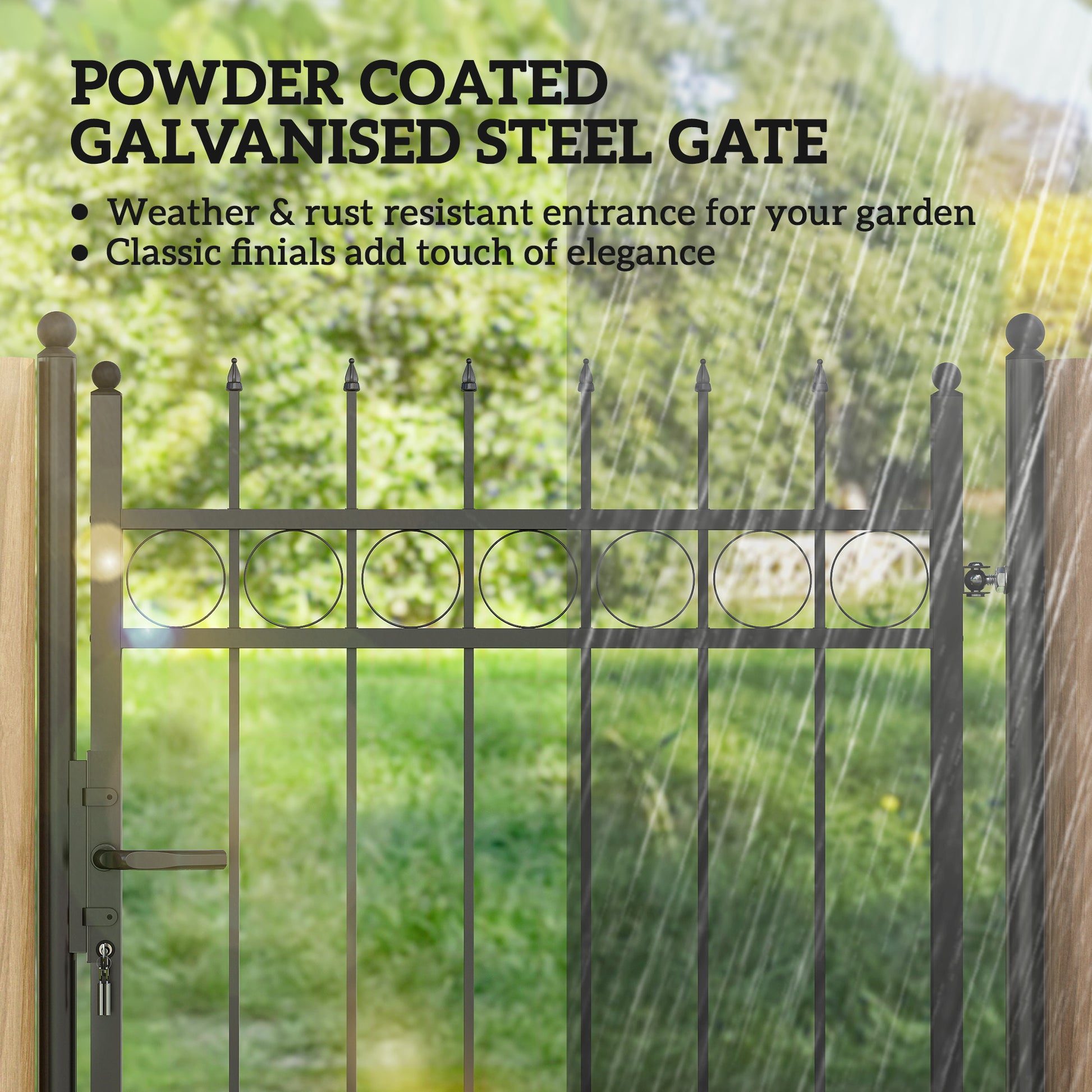 Outsunny Galvanised Steel Garden Gate, Outdoor Fence Gate Security Barrier with Lock, Keys and Handle, Outdoor Entrance Way Door with Classic Finials, 105 x 204 cm, Black--ChewyGames-ChewyGames