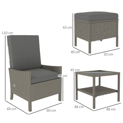 Outsunny 5 Piece Rattan Garden Furniture Set, Wicker Patio Sofa Set with 2 Armchairs, 2 Footstools, Glass Top Coffee Table with Shelf, Outdoor Furniture with Adjustable Backrests, Cushions, Dark Grey