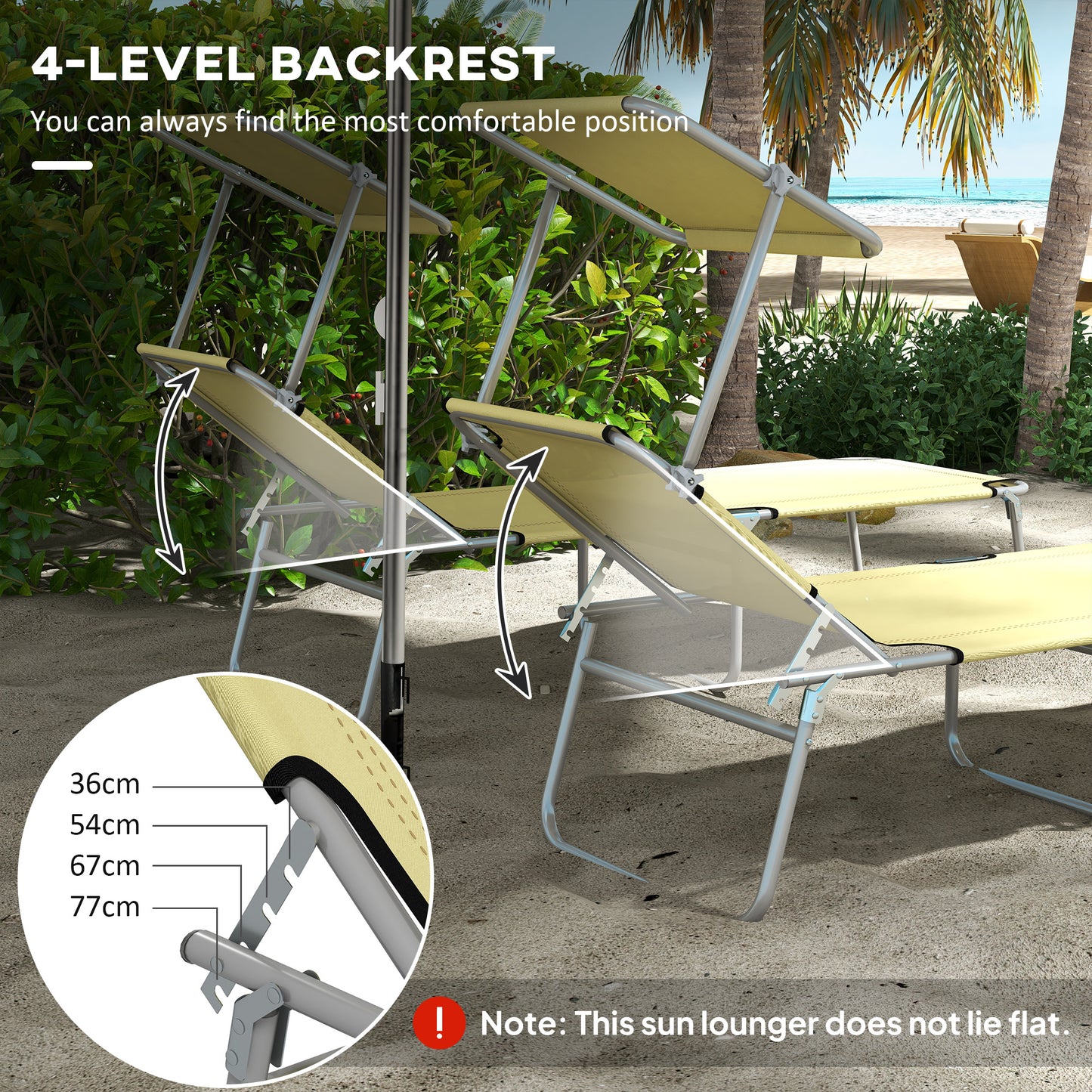 Outsunny Folding Sun Lounger Set of 2 with Canopy, Reclining Sunbed with 4-Position Adjustable Backrest, 600D Oxford Cloth, Portable Garden Lounger Recliner Chair for Beach, Camping, Patio, Beige