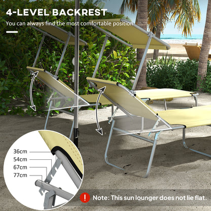 Outsunny Folding Sun Lounger Set of 2 with Canopy, Reclining Sunbed with 4-Position Adjustable Backrest, 600D Oxford Cloth, Portable Garden Lounger Recliner Chair for Beach, Camping, Patio, Beige