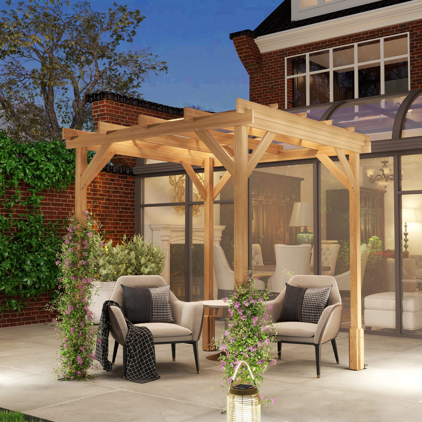 Outsunny 2 x 2 m Wooden Pergola Kit, Decorative Garden Gazebo Shelter with Stable Structure for Climbing Vines, Flowers, Dark Brown