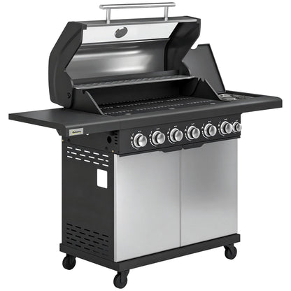Outsunny 6+1 Burner Gas BBQ Grill, Outdoor Barbecue Trolley with Wheels, Warming Rack, Thermometer, Bottle Opener, Silver Tone