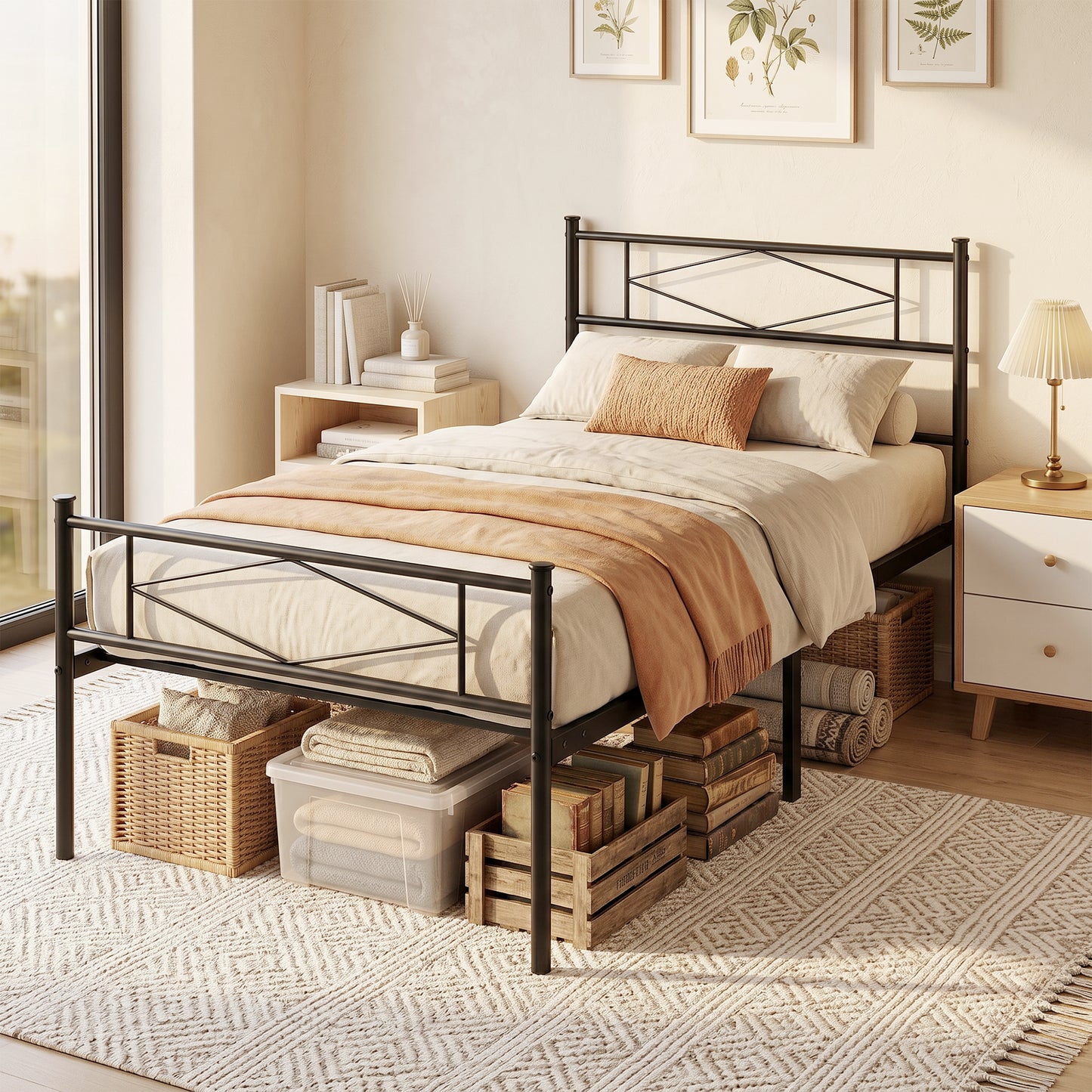HOMCOM 3ft Single Bed Frame with Headboard and Footboard, Metal Platform Bed Frame with 32 cm Underbed Storage, Black