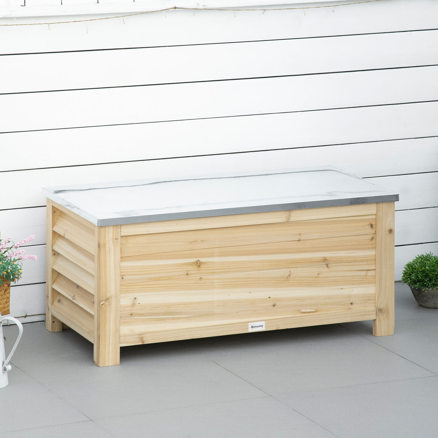 Outsunny 155L Outdoor Storage Box with Metal Top and Shutter Walls, Wooden Outside Tool organiser Container, for Garden, terrace--ChewyGames-ChewyGames