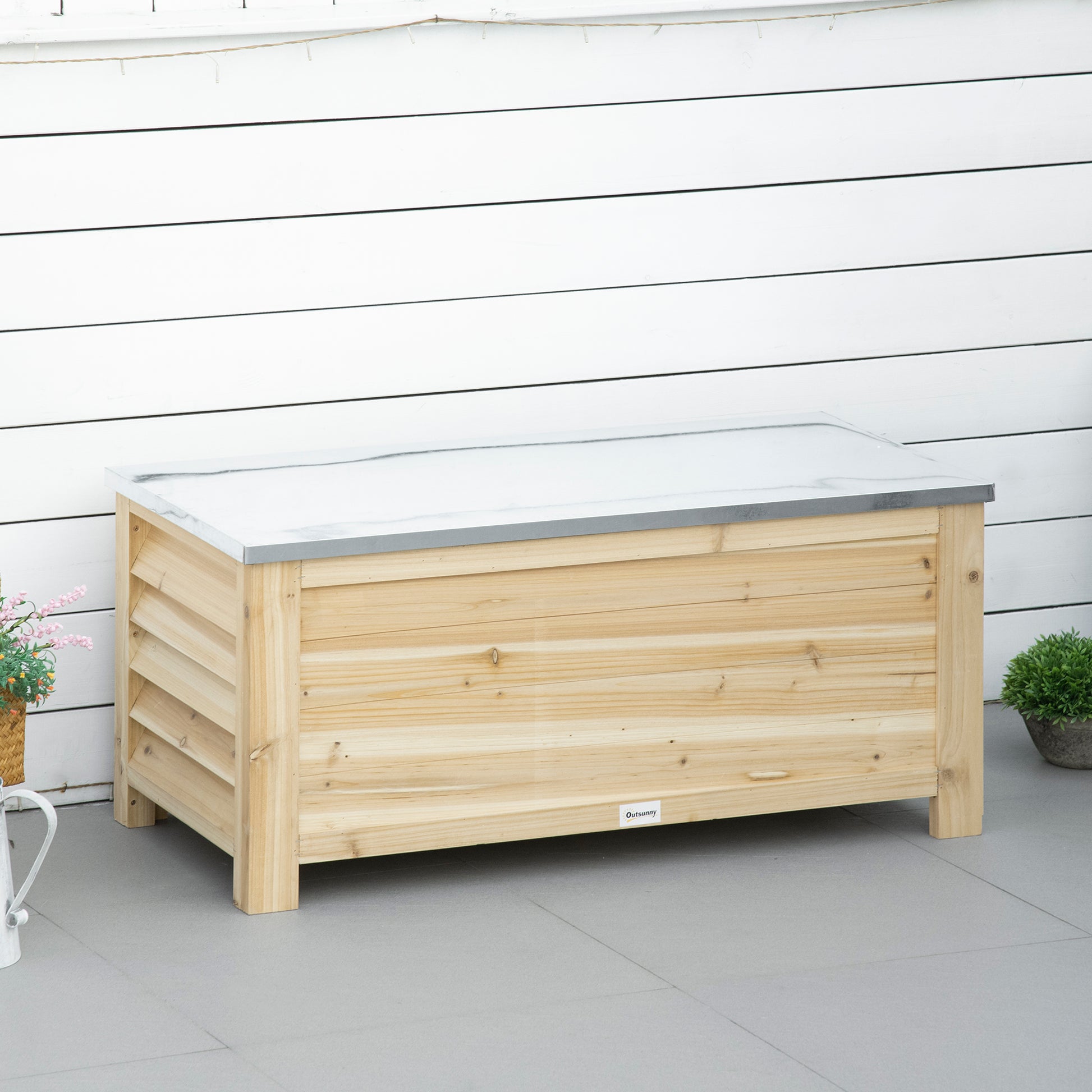 Outsunny 155L Outdoor Storage Box with Metal Top and Shutter Walls, Wooden Outside Tool organiser Container, for Garden, terrace--ChewyGames-ChewyGames