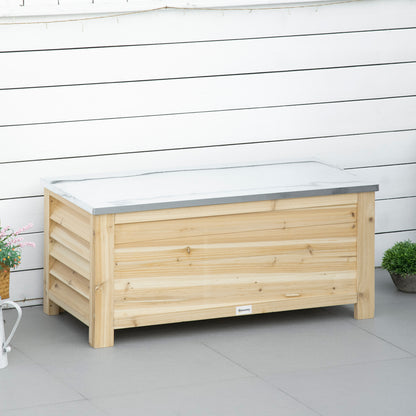 Outsunny 155L Outdoor Storage Box with Metal Top and Shutter Walls, Wooden Outside Tool organiser Container, for Garden, terrace--ChewyGames-ChewyGames