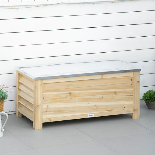 Outsunny 155L Outdoor Storage Box with Metal Top and Shutter Walls, Wooden Outside Tool organiser Container, for Garden, terrace--ChewyGames-ChewyGames