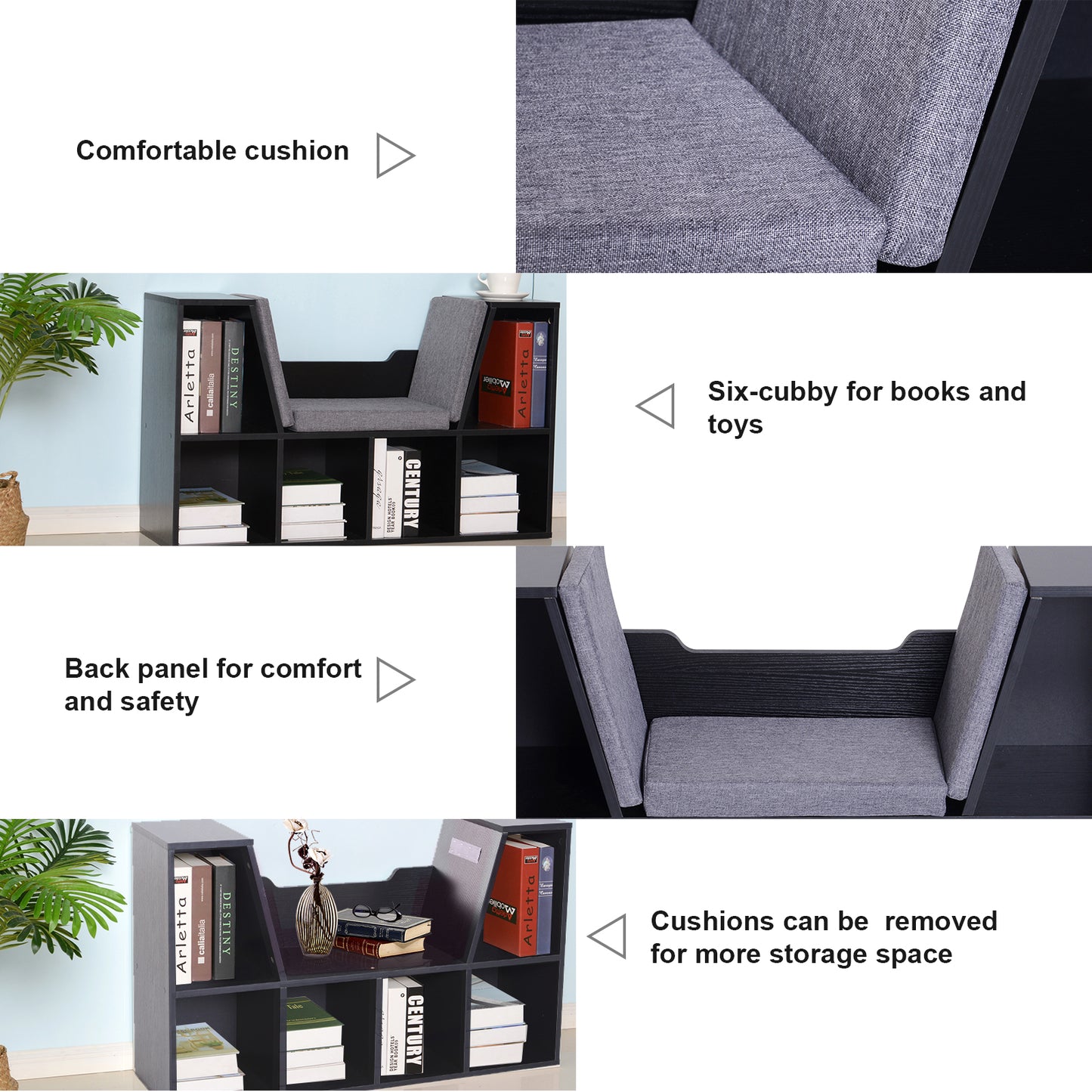 HOMCOM Bookcase Storage Shelf with Cushioned Reading Seat, Cube Bookshelf Organizer for Bedroom Living Room, Black