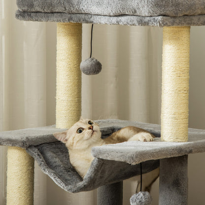 PawHut Cat Tree, 90cm Cat Tower with Sisal Scratching Posts, Cat Condo, Hammock, Top Perch and 2 Hanging Toys for Cats, Grey