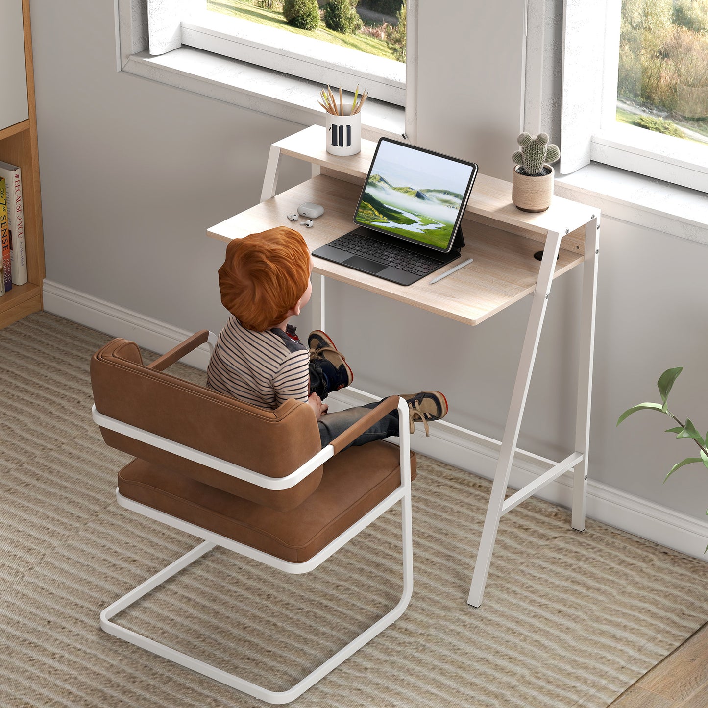 HOMCOM Writing Desk Computer Table Home Office PC Laptop Workstation Storage Shelf 84L x 45W cm White and Oak