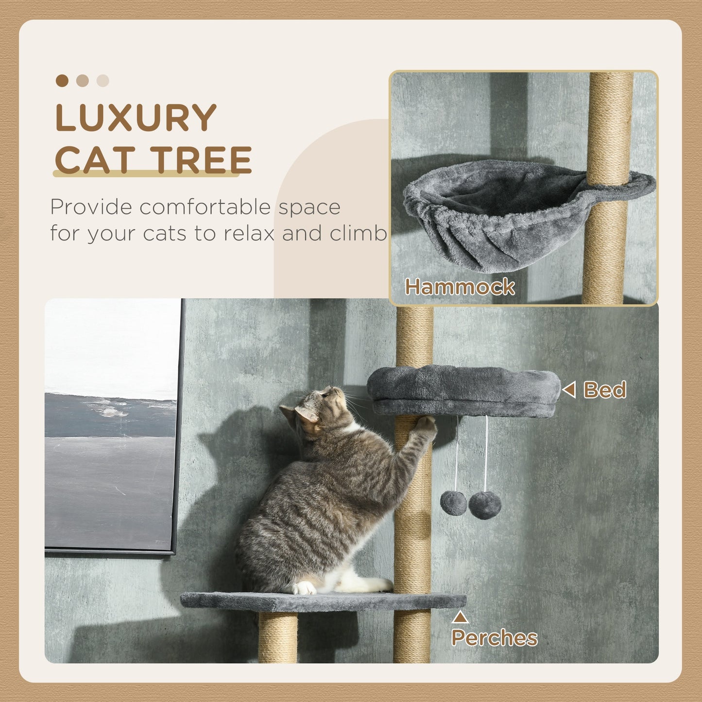 PawHut 230-250cm Floor-to-Ceiling Climbing Cat Tree Tower - Grey