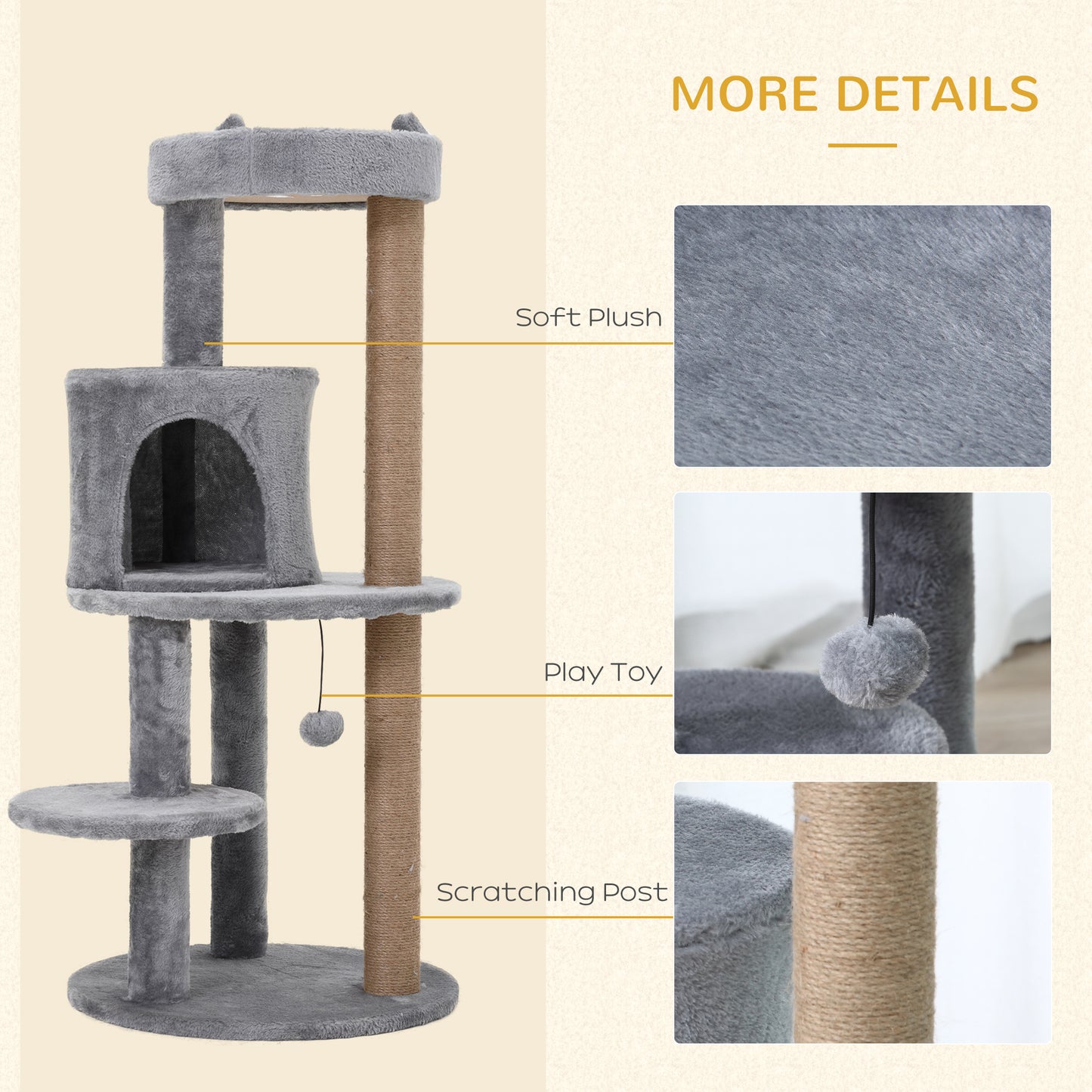 PawHut 104 cm Cat Tree, Cat Condo Tree Tower, Cat Activity Centre with Scratching Posts, Plush Perches, Hanging Ball - Grey