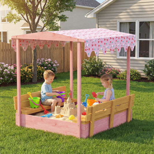 AIYAPLAY Wooden Sandbox with Lid, Flamingos Print Canopy, Kids Outdoor Sand Pit with Foldable Bench Seats, Bottom Liner, Pink-Sandboxes-ChewyGames-ChewyGames
