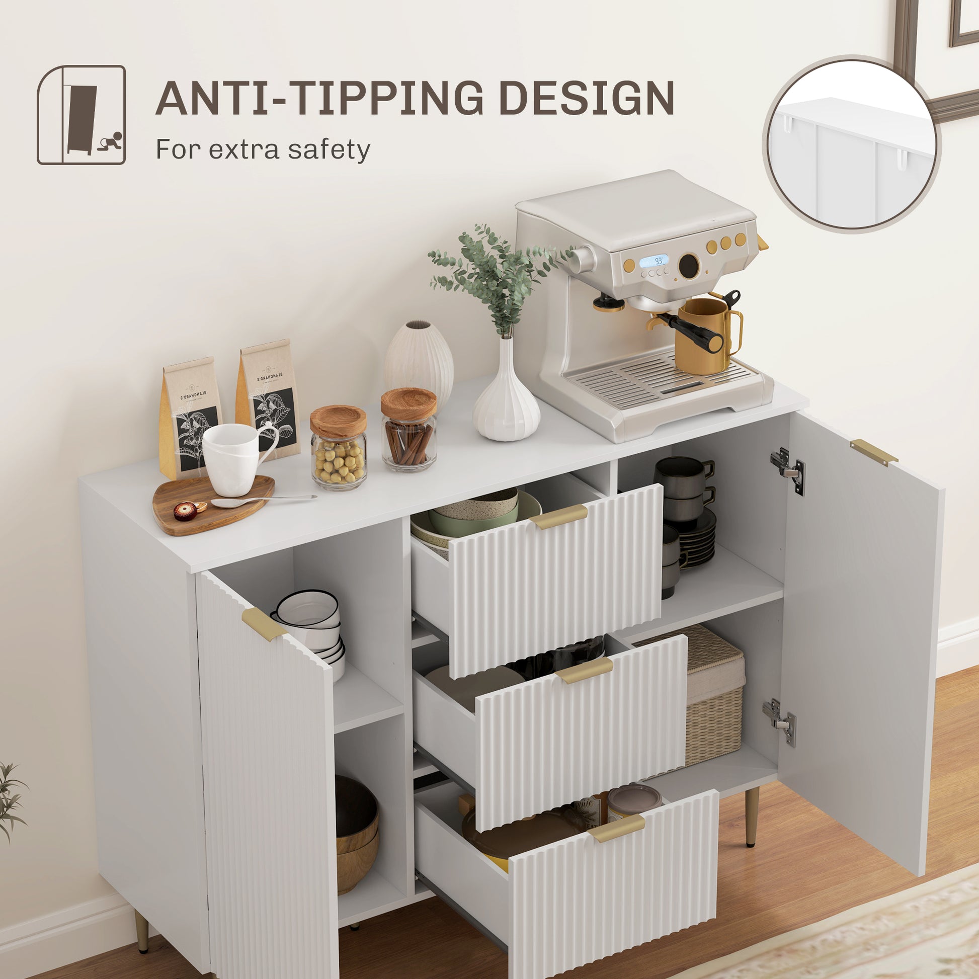 HOMCOM 2-Door Sideboard with 3 Drawers and Adjustable Shelves - White-Sideboards-ChewyGames-ChewyGames