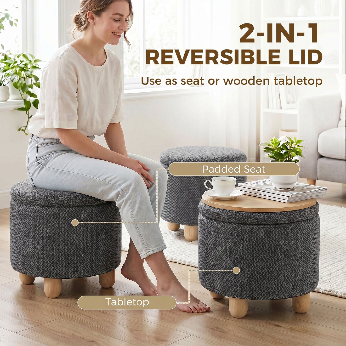 HOMCOM Storage Sitting Bench with Lid, Round Storage Ottoman with Rubberwood Legs, Dark Grey