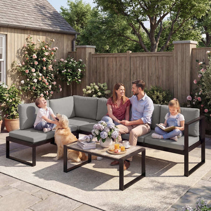 Outsunny 4 Piece Garden Furniture Set, Garden Sofa Set with 2 Loveseats, Armless Chair, Coffee Table for Balcony, Dark Grey