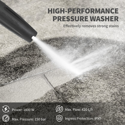 Outsunny 1800W High Pressure Washer, 150 Bar Pressure, 420 L/h Flow, Portable Power Washer Jet Wash Cleaner with Adjustable Nozzle, 6M Hose, Hose Reel, Steel Handle for Home Patio Car Driveway, Yellow
