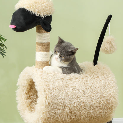 PawHut Cat Tree Sheep Design, 98 cm Multi-Level Cat Tower with Scratching Posts, Tunnel & Play Ball, Light Brown