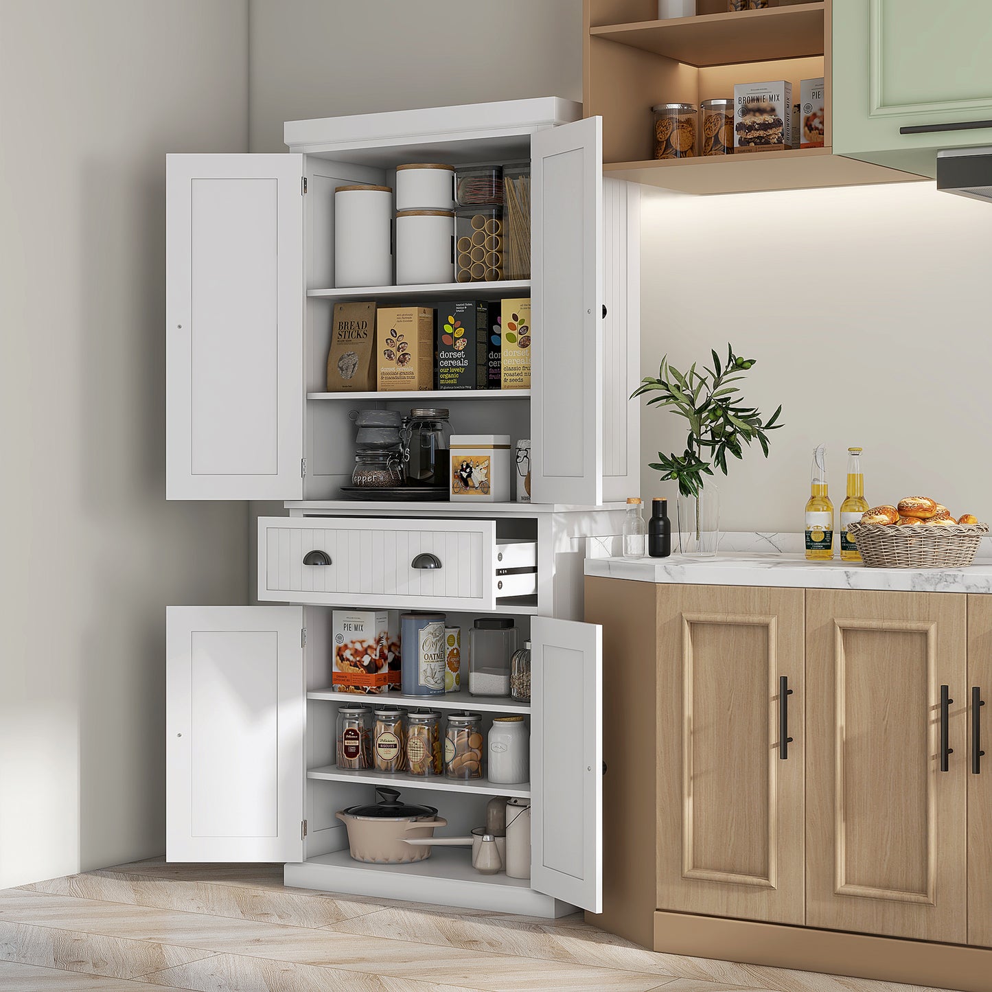 HOMCOM Kitchen Storage Cabinet with Drawer and Adjustable Shelves - White-Tall Kitchen Cabinets-ChewyGames-ChewyGames