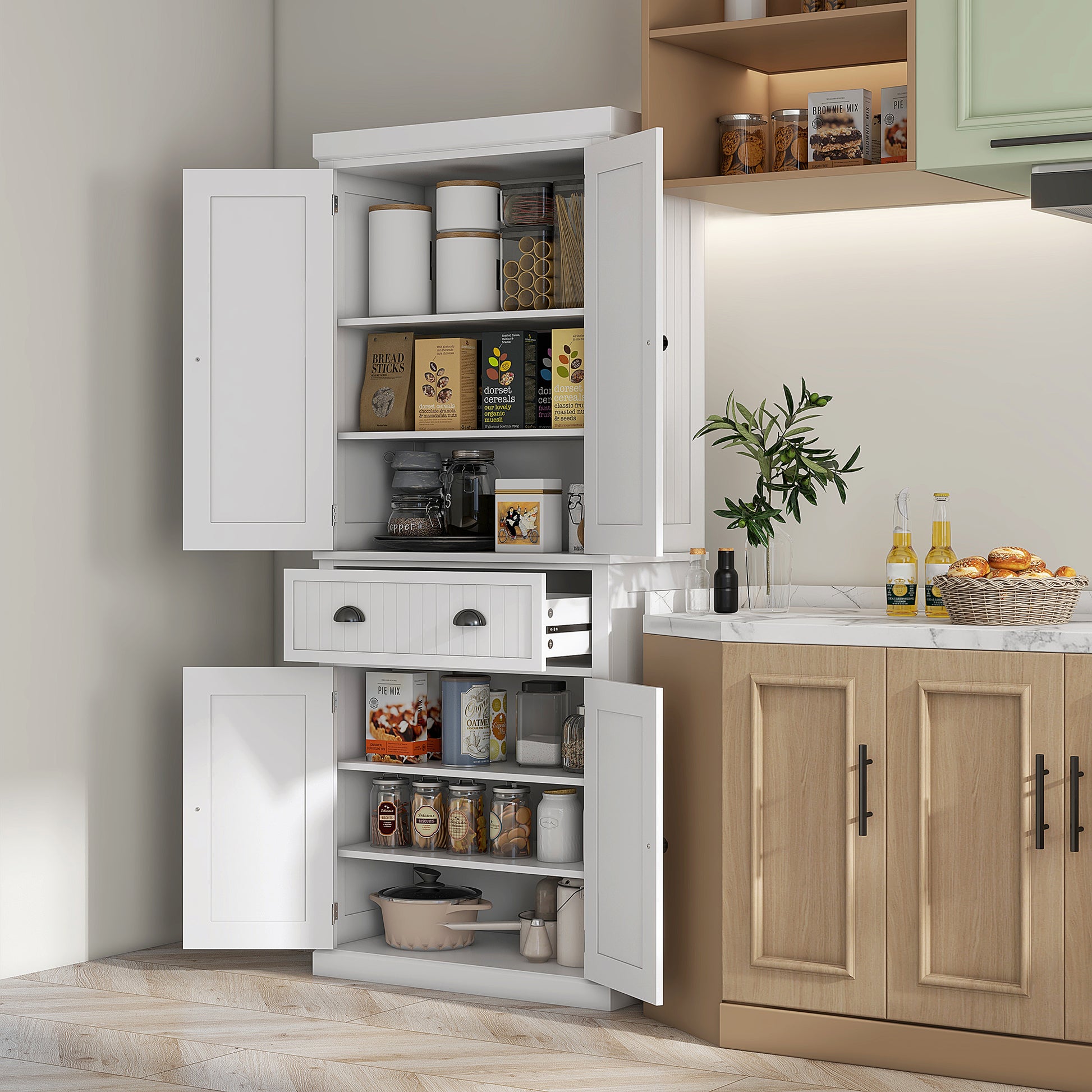 HOMCOM Kitchen Storage Cabinet with Drawer and Adjustable Shelves - White-Tall Kitchen Cabinets-ChewyGames-ChewyGames