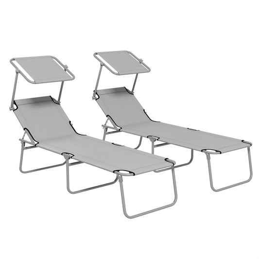 Outsunny Folding Sun Lounger Set of 2 with Canopy, Reclining Sunbed with 4-Position Adjustable Backrest, 600D Oxford Cloth, Portable Garden Lounger Recliner Chair for Beach, Camping, Patio, Light Grey