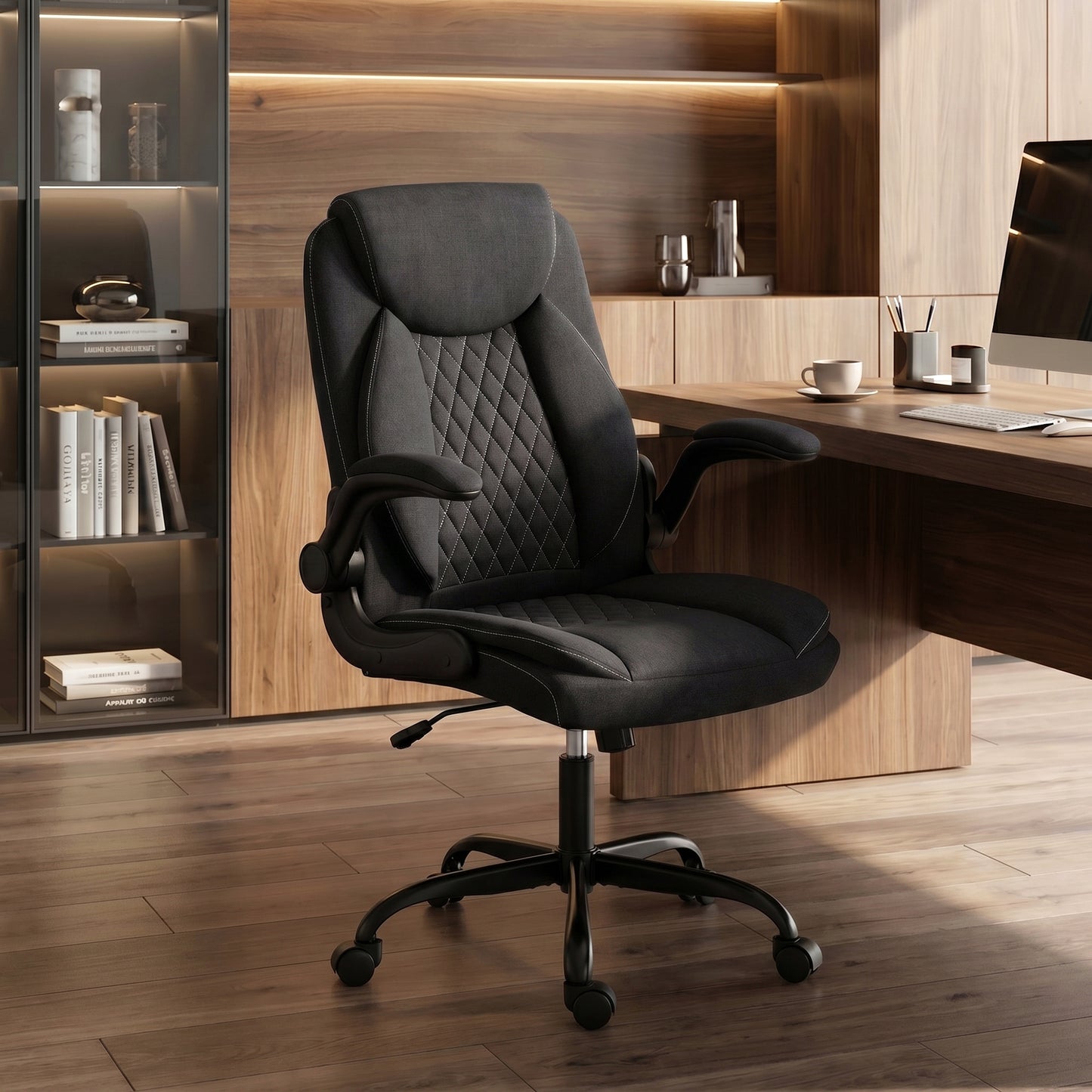 HOMCOM Linen-Look Computer Desk Chair, Executive Office Chair with Flip-Up Armrests and Thick Cushion, Black