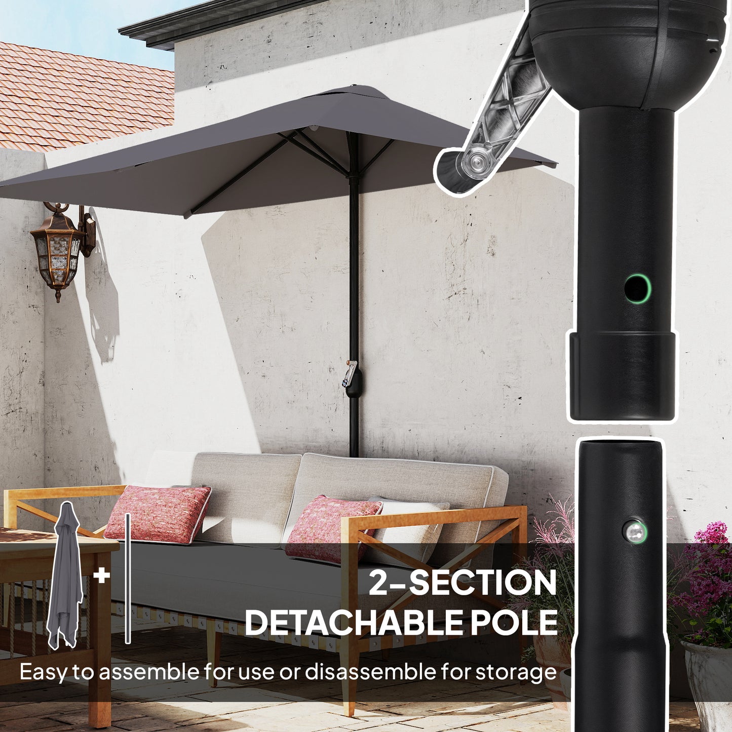 Outsunny Balcony Half Parasol Semi Round Umbrella Patio Crank Handle (2.3 m, Grey)- NO BASE INCLUDED