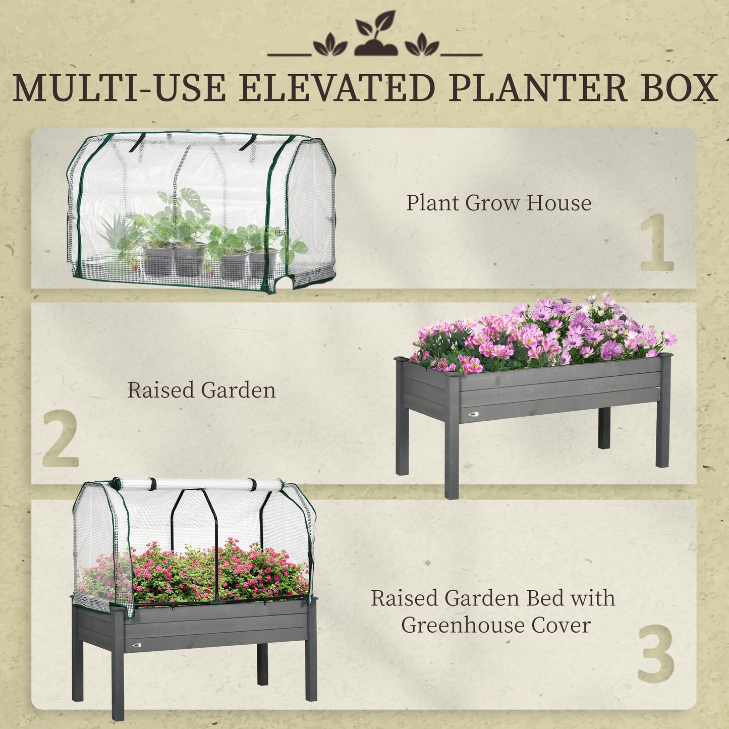 Outsunny Raised Garden Bed Outdoor Elevated Wood Planter Box w/ PE Cover, Dark Grey