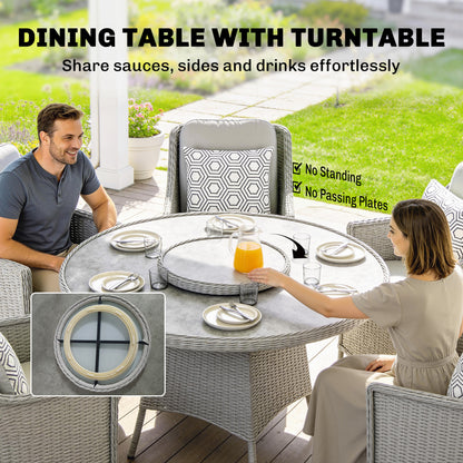 Outsunny Rattan Dining Set with Turntable, Marble Effect Glass Table and 6 Armchairs, Aluminium Frame, Grey
