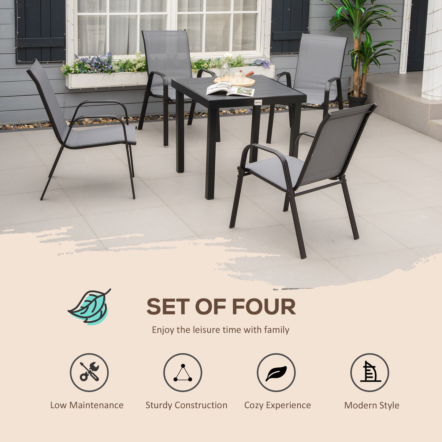 Outsunny Set of Four Stackable Mesh Seat Chairs - Dark Grey