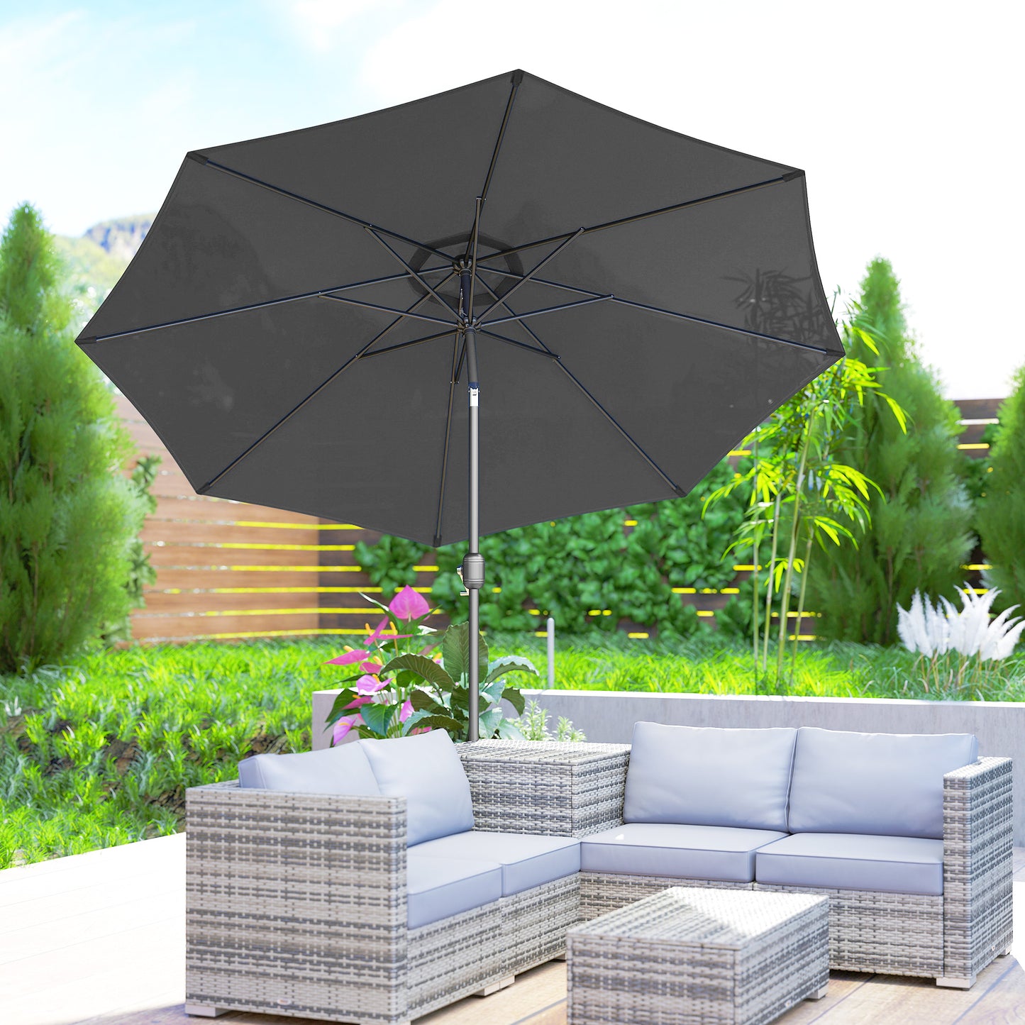 Outsunny 3(m) Tilting Parasol Garden Umbrellas, Outdoor Sun Shade with 8 Ribs, Tilt and Crank Handle for Balcony, Bench, Garden, Dark Grey
