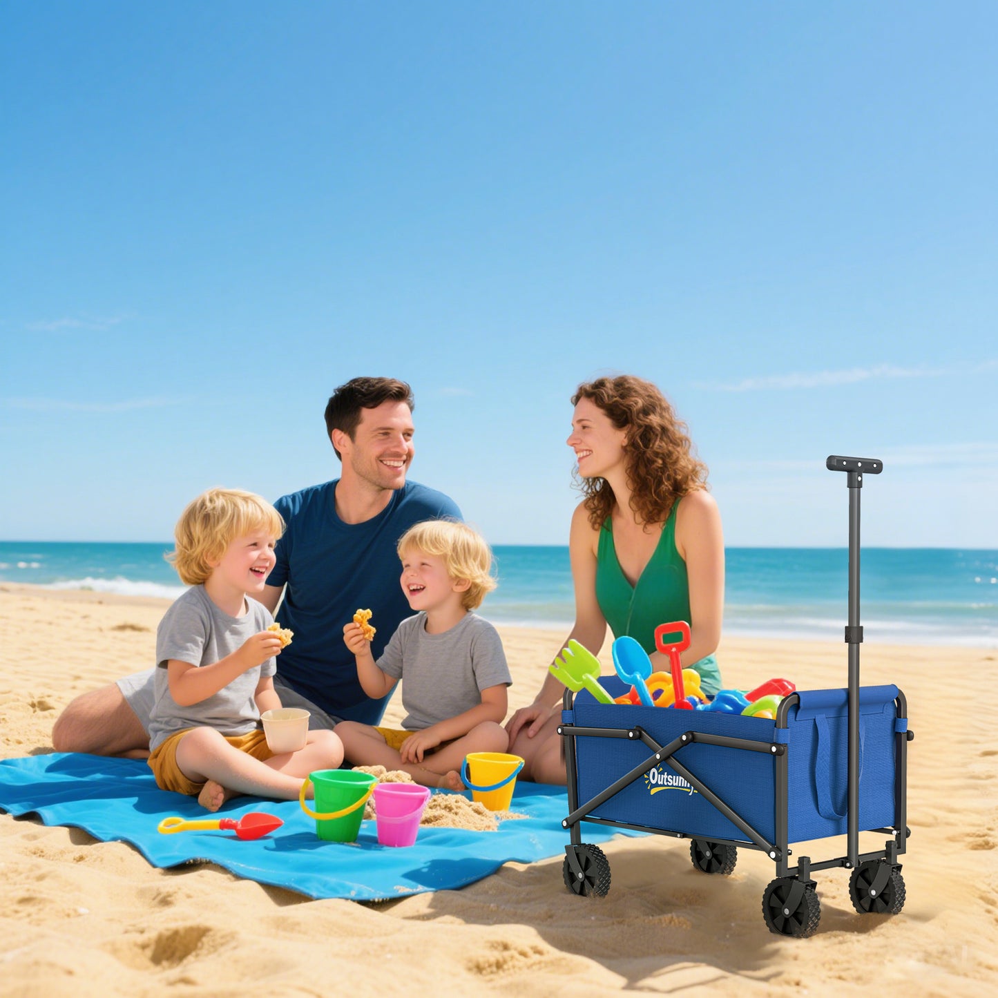 Outsunny 41L Festival Trolley on Wheels, Compact Garden Folding Trolley Cart, 60kg Heavy Duty Collapsible Foldable Wagon with Adjustable Handle and Carrying Bag for Beach, Camping, Festival, Blue