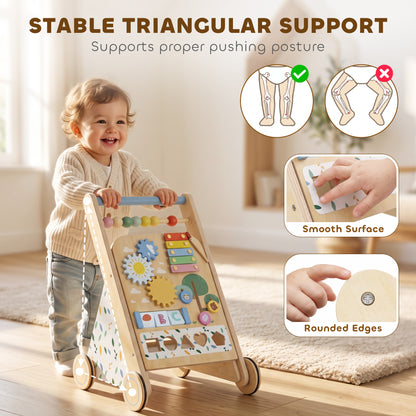 AIYAPLAY Wooden Baby Walker, Toddler Push Along Walker with Speed Control, Activity Centre and 5 Blocks for 18 Months+, Natural