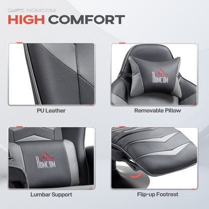 HOMCOM Small Leather Massage Recliner Chair with Ergonomic High Back Retractable Footrest Headrest Work Break Grey