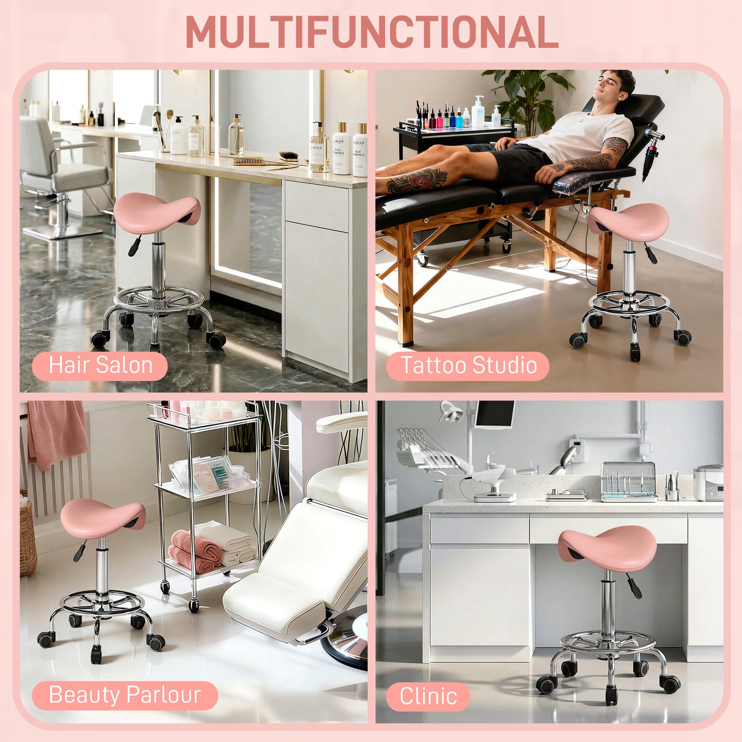 HOMCOM Salon Saddle Stool, Rolling Saddle Chair for Massage, Spa, Clinic, Beauty, Hairdressing and Tattoo, Pink