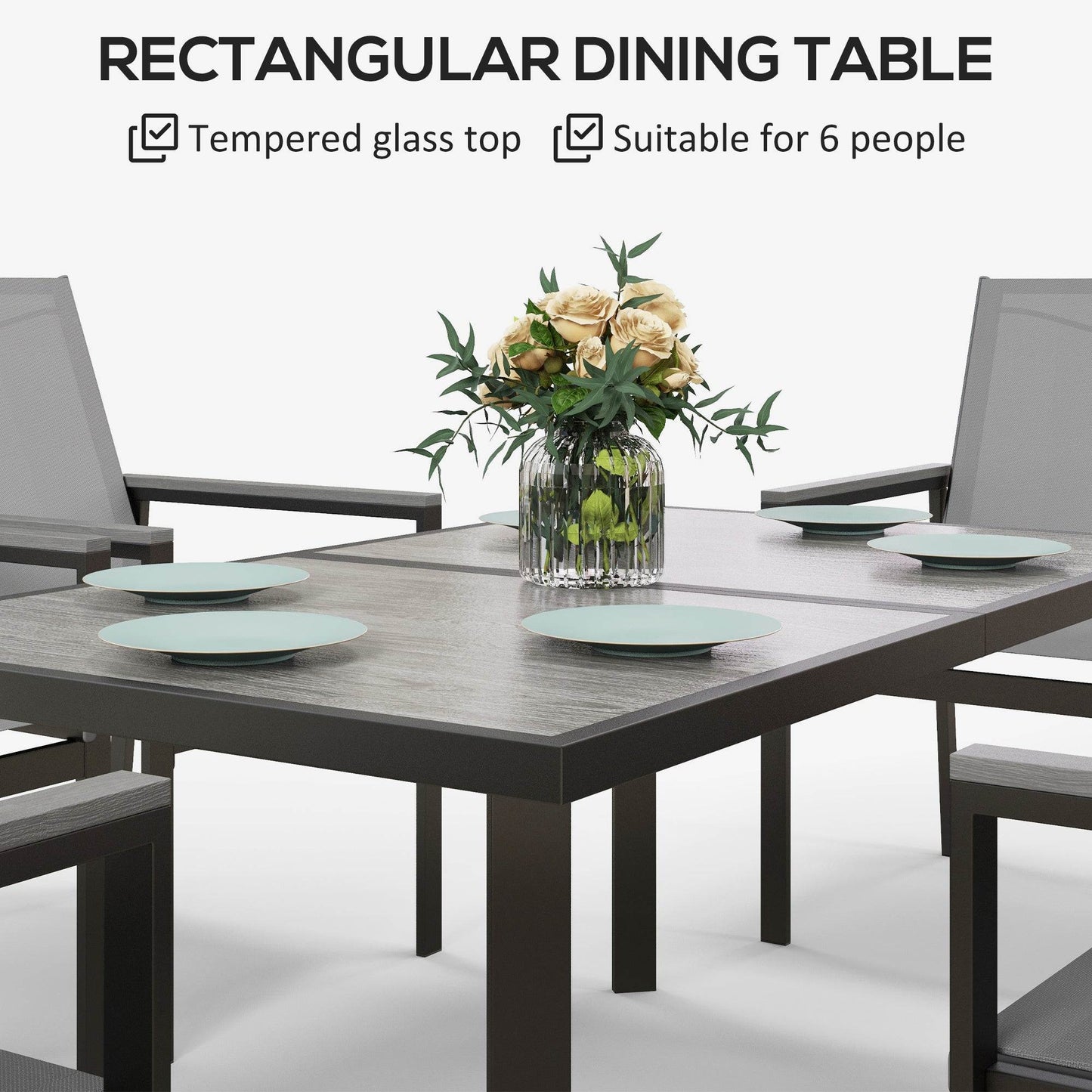 Outsunny Seven-Piece Metal Dining Set, with Glass-Top Table - Grey