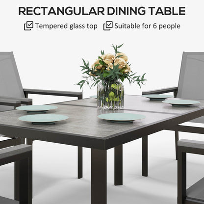 Outsunny Seven-Piece Metal Dining Set, with Glass-Top Table - Grey