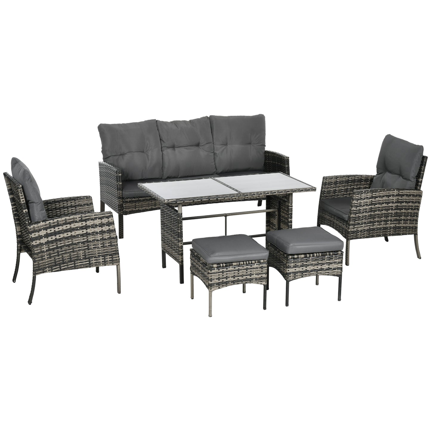 Outsunny 5 Seater Rattan Garden Furniture Set, 2 Armchairs, 3-Seater Wicker Sofa, 2 Footstools and Glass Table, 6 Piece Patio Rattan furniture Sofa Sets with Cushions for Conservatory, Mixed Grey-Outdoor Furniture Sets-ChewyGames-ChewyGames