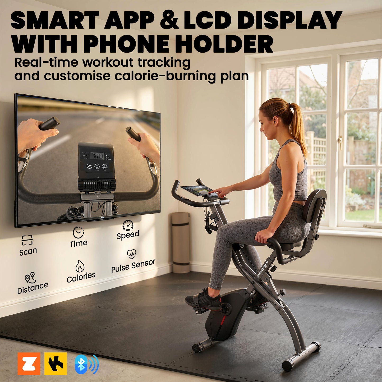 SPORTNOW 4-In-1 Folding Exercise Bike with Resistance Bands, Bluetooth App, 8-Level Magnetic Resistance, LCD Display, Black
