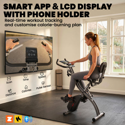 SPORTNOW 4-In-1 Folding Exercise Bike with Resistance Bands, Bluetooth App, 8-Level Magnetic Resistance, LCD Display, Black